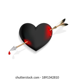 El corazón negro en 3D atravesó con una flecha. manchas rojas y gotas de sangre. Símbolo de amor. Fondo blanco y sombras. EPS10
