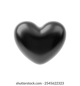 Corazón negro 3D. Icono de amor negro total aislado en blanco. Objeto de diseño brutal para decoración, tarjeta, diseño. Elemento de amor de Vector realista brillante de plástico. Boda, símbolo gótico de San Valentín