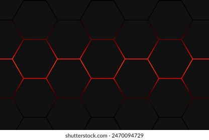 3d black hexagon pattern background with red light lines