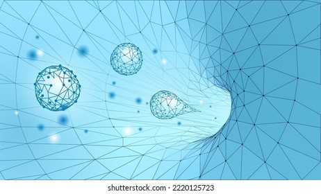3D black hole render. Physics sci-fi gravity particles universe black matter. Dark blue triangle low poly science technology fiction vector illustration