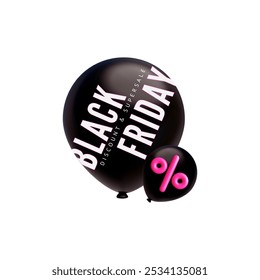 3D black inflated balloons with text Black Friday and percentage sign vector icon. Discount and Super sale special offer render symbols. Realistic volume promotion marketing design