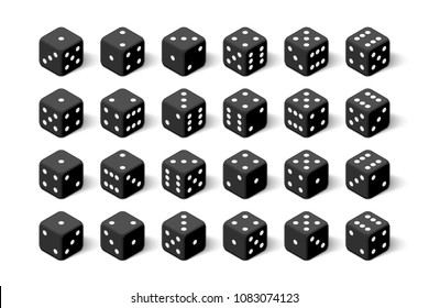 3d black isometric dice collection. All possible turns for dice game, vector illustration