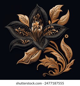 3d black lily. Tapestry black lily flower with gold branch leaves pattern. Gold work embroidery floral vector background illustration with beautiful stitch textured lilies. Surface stitching texture. 