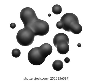 3d negro líquido blobs set. Esferas Abstractas en vuelo. Vector realista de burbujas sobre un fondo oscuro aislado. Ilustración de Elementos de lámpara de lava en estilo y2k.