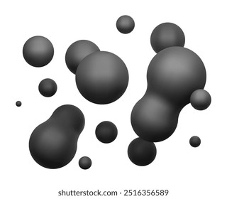 3D schwarze Flüssig-Blobs Set. Abstrakte Kugeln im Flug. Vektorrealistisches Rendering von Blasen auf isoliertem dunklem Hintergrund. Illustration von Lava-Lampenelementen im y2k-Stil.