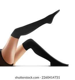 3D Black Long Socks On Woman Legs Isolated On White Background. EPS10 Vector