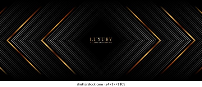 3D black luxury abstract background on dark space with gray stripes effect decoration. Modern arrows style. Graphic design element golden lines concept for web banner, flyer, card, or brochure cover