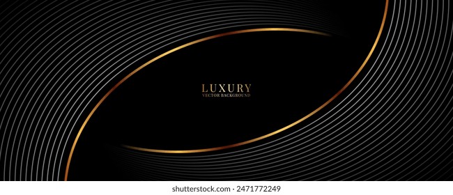 Fondo abstracto de lujo negro 3D en espacio oscuro con decoración de efecto de rayas grises. Estilo moderno de las olas. Concepto de líneas doradas de elemento de Diseño gráfico para Anuncio de Web, volante, tarjeta o cubierta de folleto