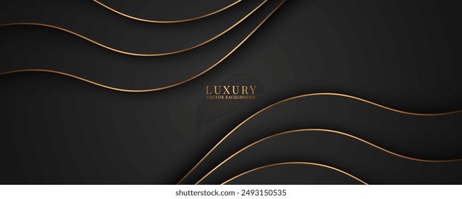 Fondo abstracto de lujo negro 3D superpone la capa en el espacio oscuro con la decoración del efecto de las ondas doradas. Concepto de estilo de recorte de elemento de Diseño gráfico moderno para cubierta de Web, volante, arte, tarjeta o folleto