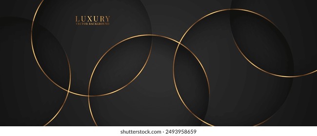 3D black luxury abstract background overlap layer on dark space with golden circles effect decoration. Modern graphic design element cutout style concept for web, flyer, art, card or brochure cover