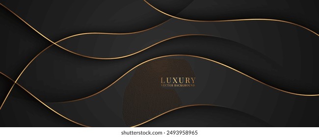 Fondo abstracto de lujo negro 3D superpone la capa en el espacio oscuro con la decoración del efecto de las ondas doradas. Concepto de estilo de recorte de elemento de Diseño gráfico moderno para cubierta de Web, volante, arte, tarjeta o folleto