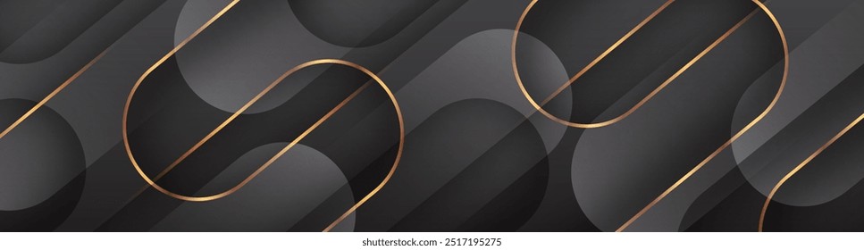 3D black luxury abstract background overlap layer on dark space with golden rounded lines decoration. Modern graphic design element cutout style concept for banner, flyer, card, or brochure cover