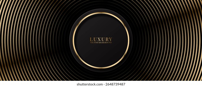 3D black luxury abstract background overlap layer on bright space with golden circles lines decoration. Modern graphic design element stripes style concept for web, art, flyer, card, or brochure cover