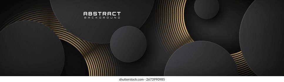 3D black luxury abstract background overlap layer on dark space with golden circles lines decoration. Modern graphic design element cutout style concept for web, art, flyer, card, or brochure cover