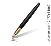 3D black luxury ink pen with a nib, perfect for signing documents in business and office settings. Ideal for calligraphy, education, and handwriting, it exudes elegance and classic style. Not AI.