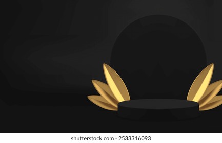 3d black luxury podium showcase with golden leaves for presentation realistic vector illustration. Dark fashion cylinder pedestal display with round wall background for product advertising show