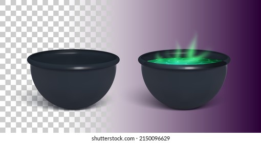 3d Black Magic Cauldrons. Empty And Full. Vector Realistic Illustration On Transparent Background