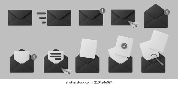 3d black mail envelope icon set with marker new message isolated on grey background. Render email notification with letters, check mark, paper plane and magnifying glass icons. 3d realistic vector