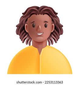 3D black man avatar, vector cartoon businessman profile, African face portrait, afro hairstyle. Cheerful young student, adult freelancer character, happy person. Black man entrepreneur illustration 