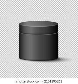 3d black matte cream jar with lid. Rounded cosmetic container for creme, lotion, moisturizer, gel, butter. Vector cosmetic package template. Skincare product mockup isolated on transparent background