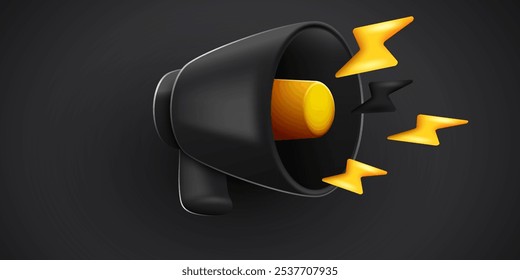 3d alto-falante de megafone preto ou alto-falante bullhorn para anunciar a promoção com relâmpago. Megafone 3d alto hailer mockup. Ilustração vetorial