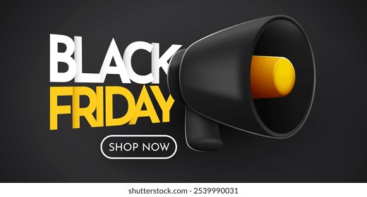 3d black megaphone speaker in smartphone for discount announce. Black Friday mockup. Vector illustration.