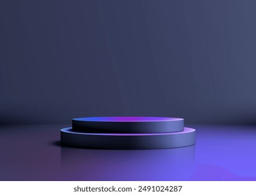 3D black metal podium with neon colors and a smooth surface stands of a purple room. Ideal for technology style product displays, mockups, showrooms, and showcases