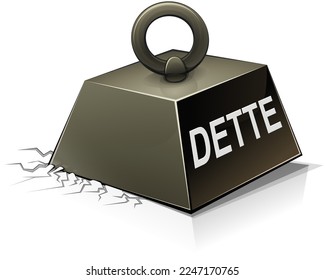 3D black metal weight with the wording debt in French (Dette) sunk into the ground symbolizing the heaviness of debt