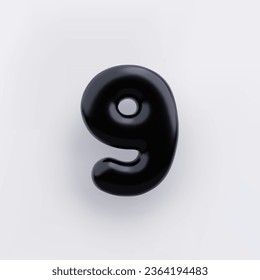 3D Negro número 9 con una superficie brillante sobre un fondo blanco