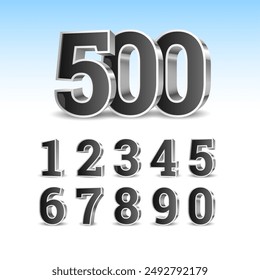3d black numbers with silver outline. Symbol set. Vector illustration