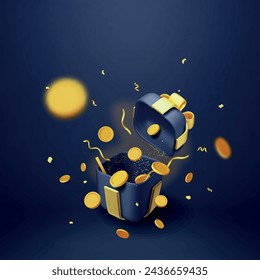 Caja de regalo abierta 3D negra llena de monedas de oro aisladas. Render Giftbox en confeti y monedas de oro. Concepto de programa de lealtad, casino o bono de juegos en línea. Recompensa del premio del dinero. Ilustración vectorial