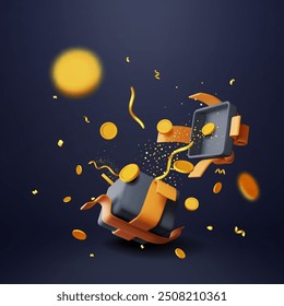 3D black open gift box full of gold coins isolated. Render giftbox in confetti and golden coins money. Concept of loyalty program, Casino or online games bonus. Money prize reward. Vector illustration