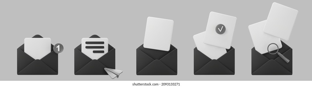 3d black open mail envelope icon set with marker new message isolated on grey background. Render email notification with letters, check mark, paper plane, glass icons. 3d realistic vector