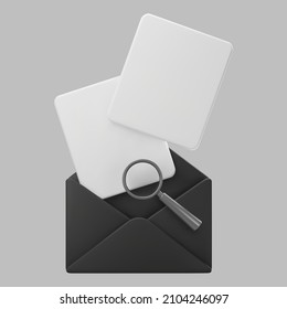 3d black open mail envelope icon with magnifying glass isolated on grey background. Render approvement concept, email notification with document. 3d realistic vector