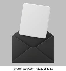 3d black open mail envelope icon with fly document isolated on grey background. Render new email notification. 3d realistic minimal vector