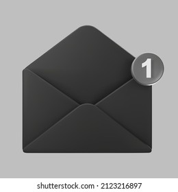 3d black open mail envelope icon with marker new message isolated on grey background. Render new unread email notification. 3d realistic minimal vector