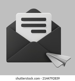 3d Black Open Mail Envelope Icon With Paper Plane Isolated On Grey Background. Render New Email Notification. 3d Realistic Minimal Vector
