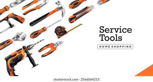 3d black and orange repair tools set realistic vector. Construction concept tools online shop service banner set all of tools supplies for house repair builder on white background vector illustration