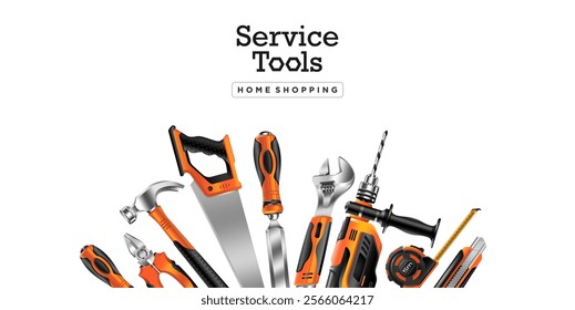 3d black and orange repair tools set realistic vector. Construction concept tools online shop service banner set all of tools supplies for house repair builder on white background vector illustration