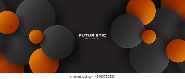 3D black orange techno abstract background overlap layer on dark space with circles shape effect decoration. Modern graphic design element cutout style concept for web, flyer, card, or brochure cover