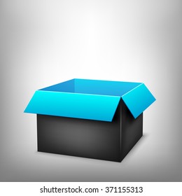 3D black outside blue inside open paper package on light white mesh background