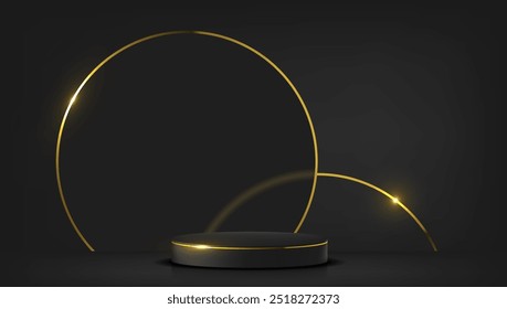 Podio De Pedestal Negro 3D Con Línea Dorada. Vector EPS10