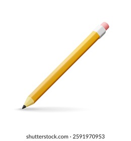 3D Black pencil with rubber eraser isolated on white. Render orange pencil icon. Stationery, office or school supply. Vector illustration