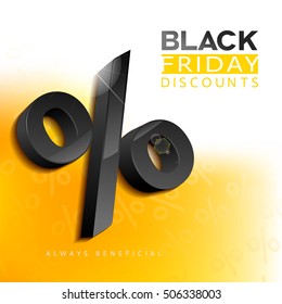 3D black percent sign. Vector illustration on the theme of sales and discounts. Black Friday.