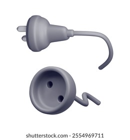 3d black plug and socket isolated. Render socket with plug connector. Electrical appliances and wire equipment. Electrical outlet device components. Vector illustration