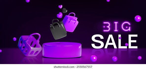 Fundo de pódio preto 3d para banner de venda de produto. Cena de palco de exibição escura para oferta premium com luz roxa neon e saco de compras. Pedestal de desconto geométrico no modelo de estúdio de apresentação