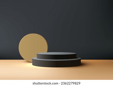 3D black podium with beige circle backdrop is a modern interior concept product display mockup. It is perfect for showcasing your products in a professional and eye-catching way. Vector illustration
