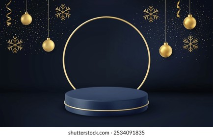 Podio negro 3d para la exhibición de las Navidades en el fondo negro. Pedestal negro realista con bola y copo de nieve sobre fondo de Navidades. Renderización 3D. Ilustración vectorial