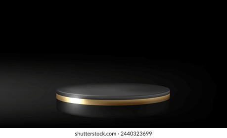 3D Black Podium With Gold Line In Dark Room. EPS10 Vector