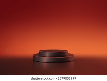 3D black podium with a metallic band set against a red gradient backdrop. Ideal for product mockups, branding, and advertising, creating a modern and stylish showcase scene